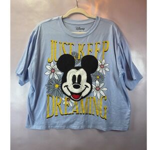 Disney Mickey Mouse Just Keep Dreaming Blue Cropped Graphic T-Shirt XL Crochet